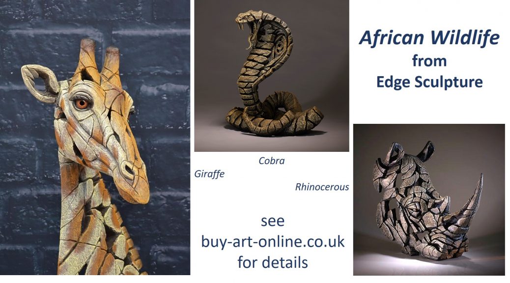 African wildlife edge sculptures of giraffe, rhino and cobra Quay Art