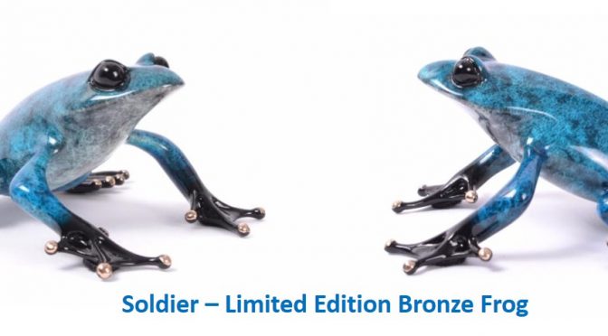 Soldier – a Mottled limited edition blue bronze frog sculpture